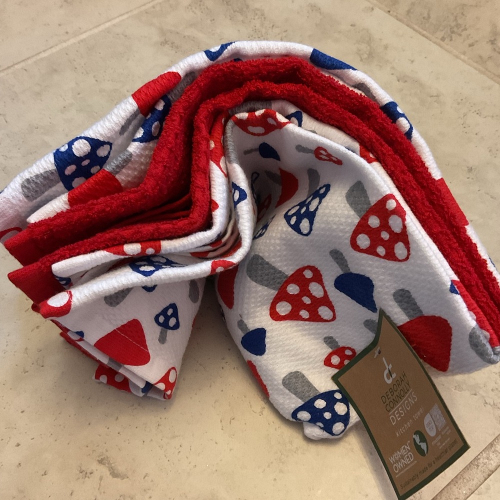 Deborah Connolly red white and blue Mushroom Patterned Kitchen Towel Set pk of 3 - Picture 2 of 5